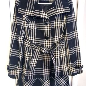 Express Wool Blend Black Plaid Belted Peacoat - Size Medium